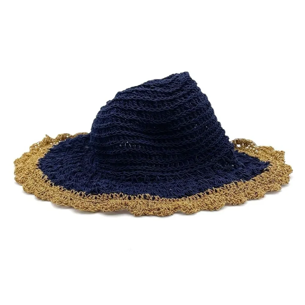 Vintage 1930s Navy Crochet Cloche Hat Gold Lace Trim Ribbon Bow Women’s One Size - Picture 9 of 14